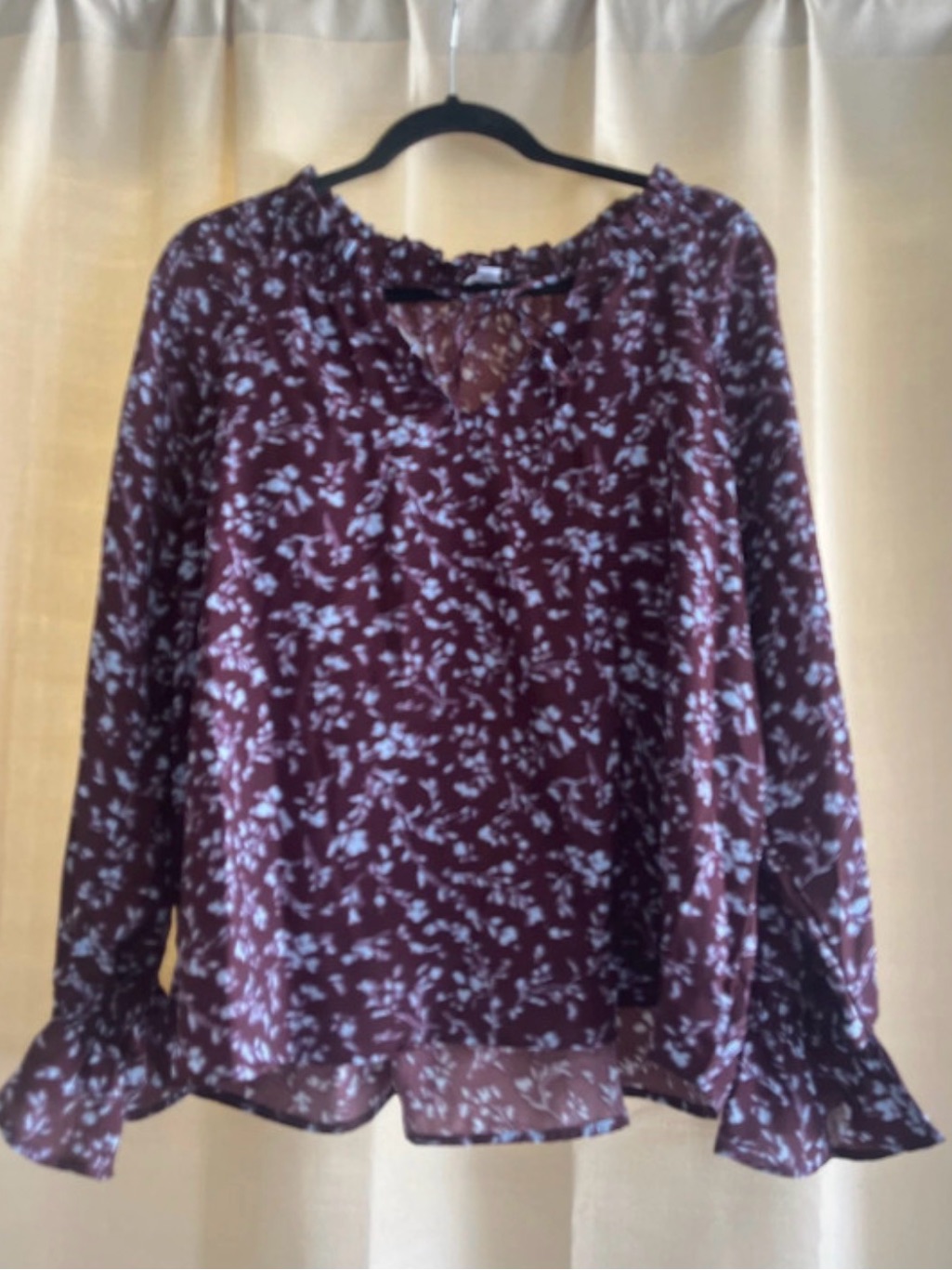 Time And Tru Burgundy Floral Long-Sleeve Blouse